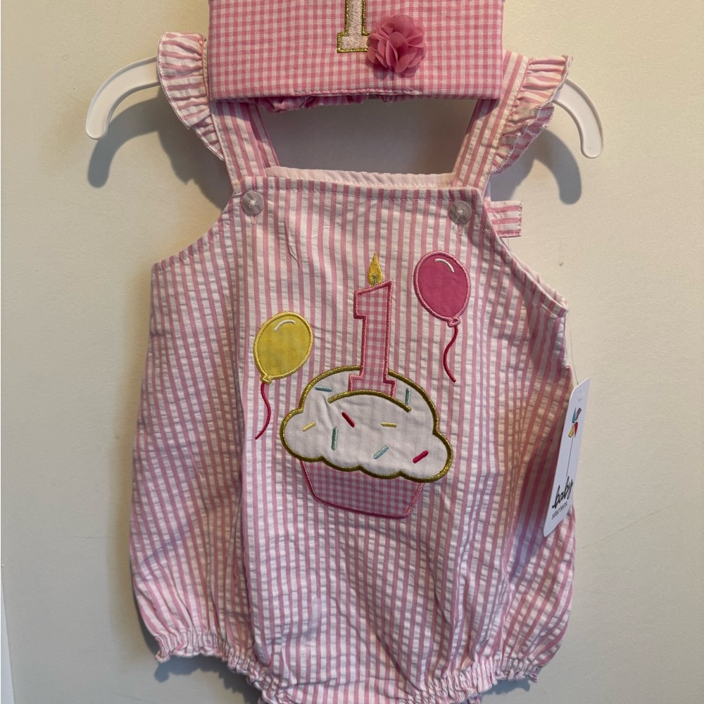 Baby Starters Girl Ist Birthday boutique style outfit crown pink stripe cupcake - Picture 2 of 9